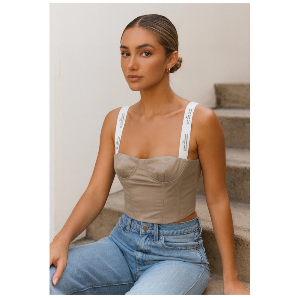 NWT ROKH Tan Logo Ribbon Bustier Crop Top Size 38 / US 4-6
